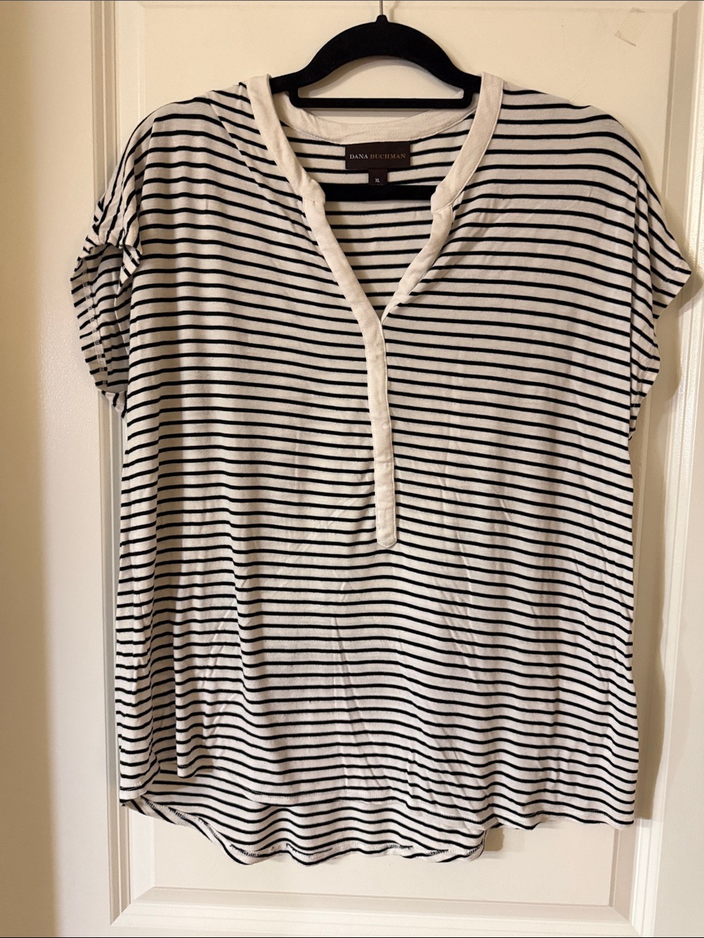 Dana Buchman Black and White Striped Short Sleeve Henley